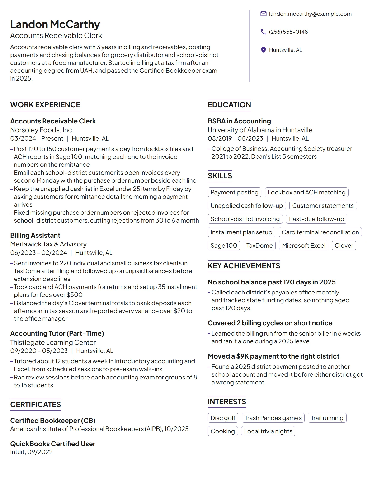 Accounts Receivable Clerk resume example