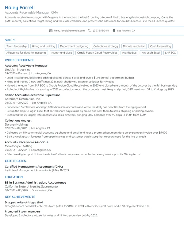 Accounts Receivable Manager resume example