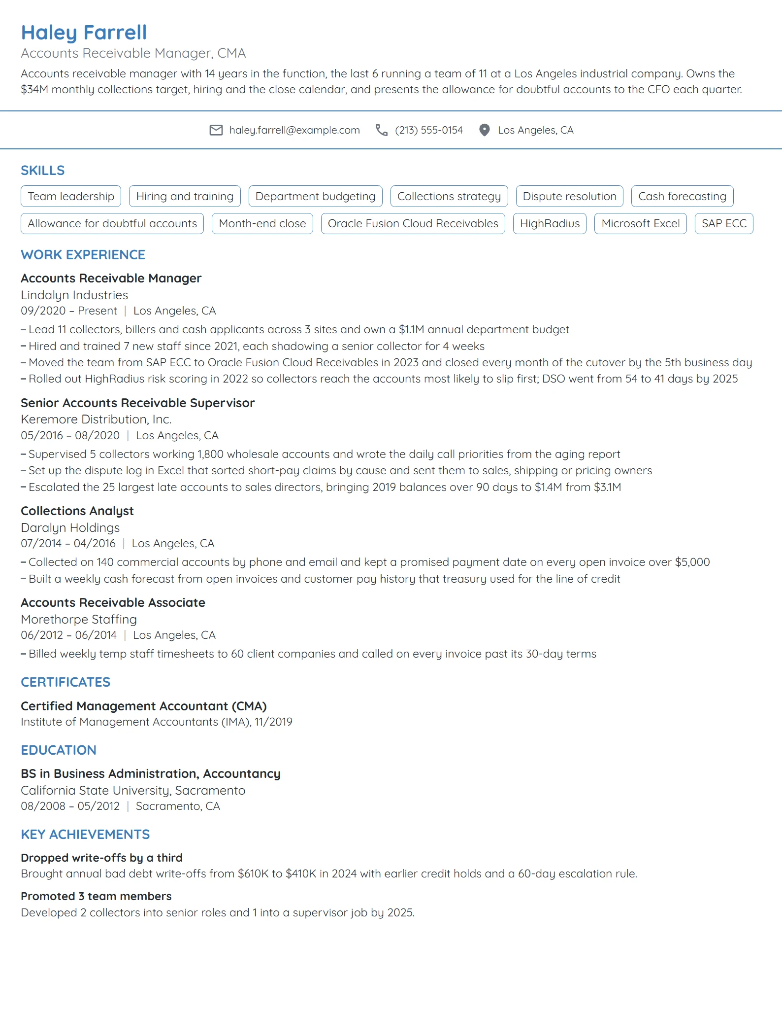 Accounts Receivable Manager resume example