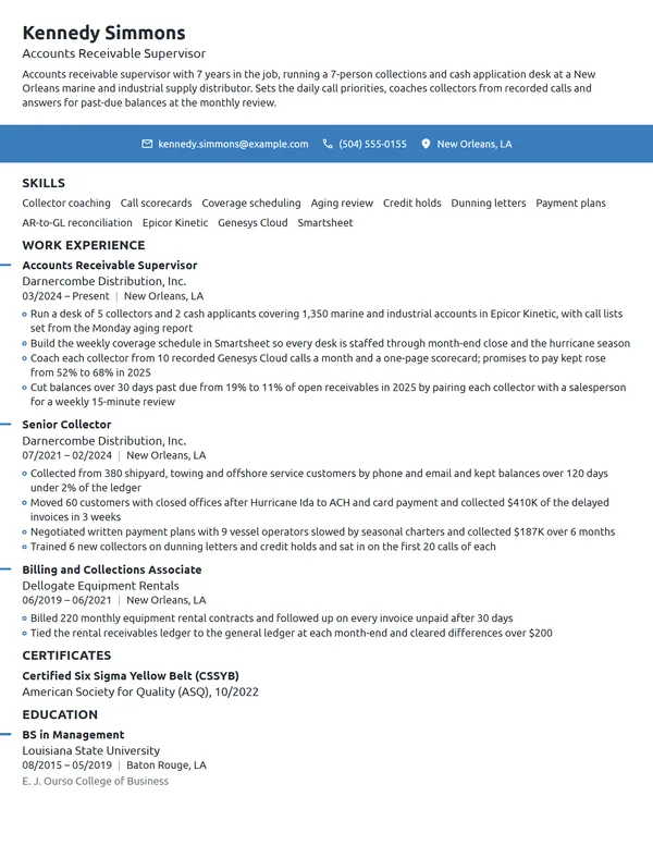 Accounts Receivable Supervisor resume example