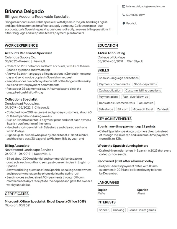 Bilingual Accounts Receivable Specialist resume example