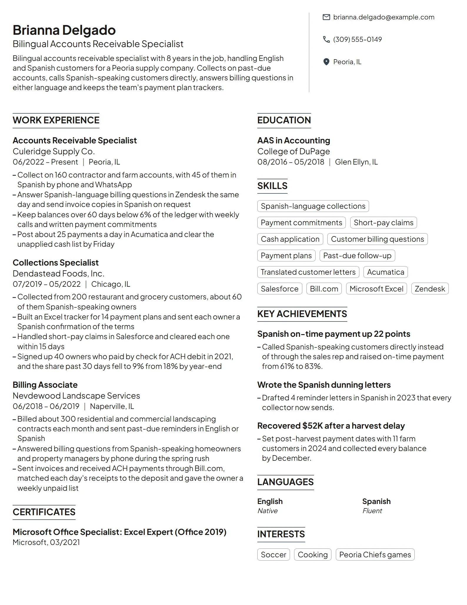 Bilingual Accounts Receivable Specialist resume example