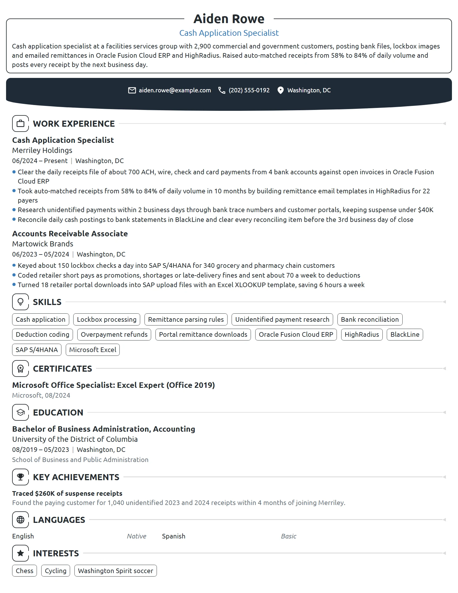 Cash Application Specialist resume example