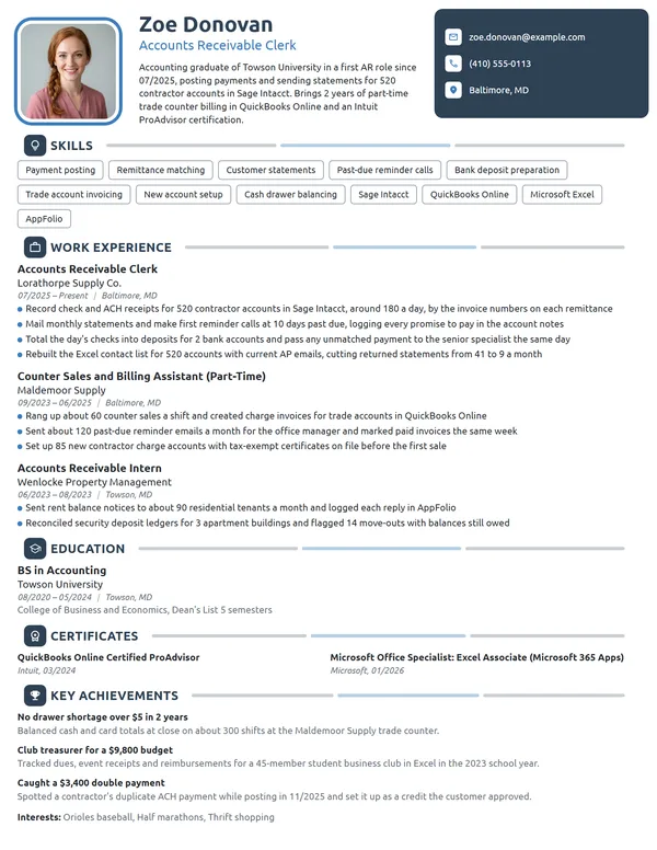 Entry-Level Accounts Receivable Clerk resume example