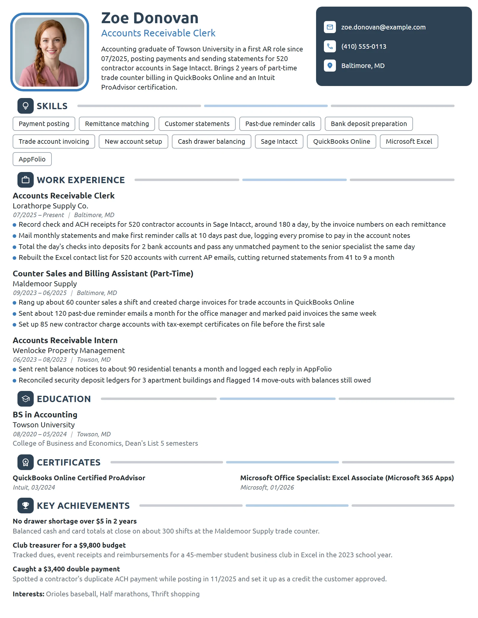 Entry-Level Accounts Receivable Clerk resume example