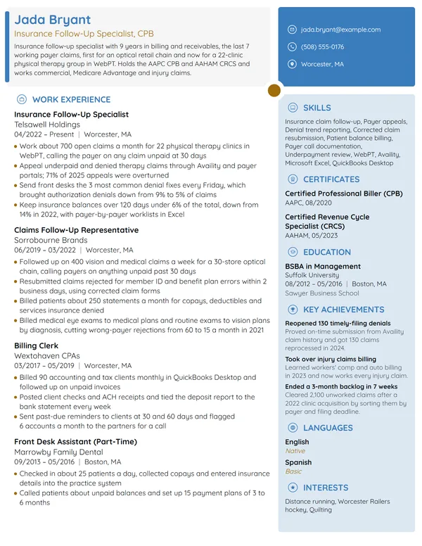 Insurance Follow-Up Specialist resume example