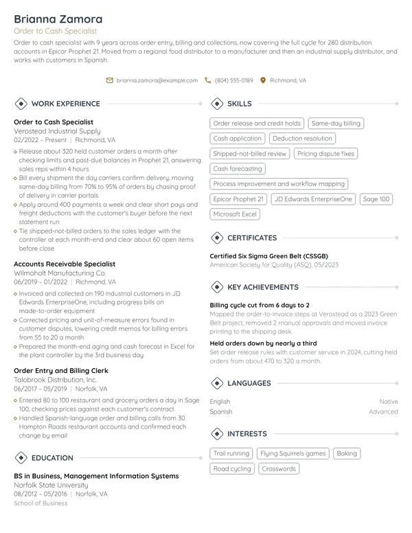 Order to Cash Specialist resume example