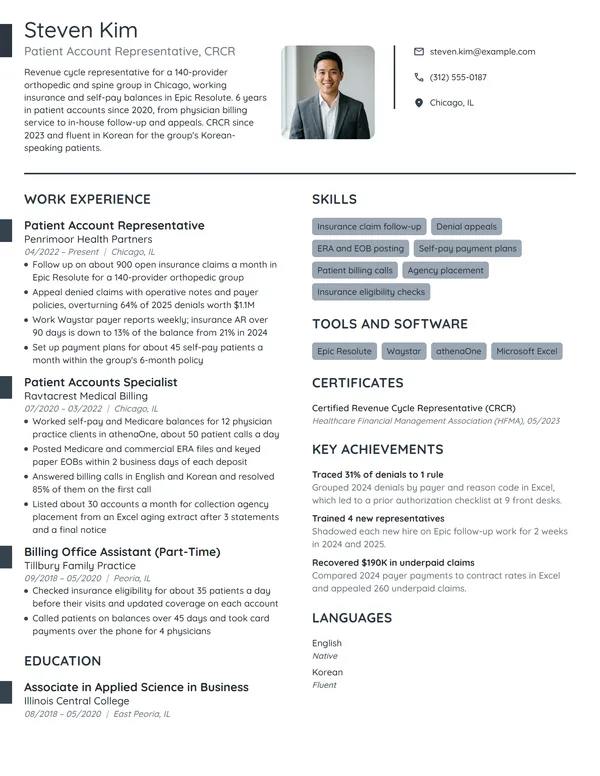 Patient Account Representative resume example