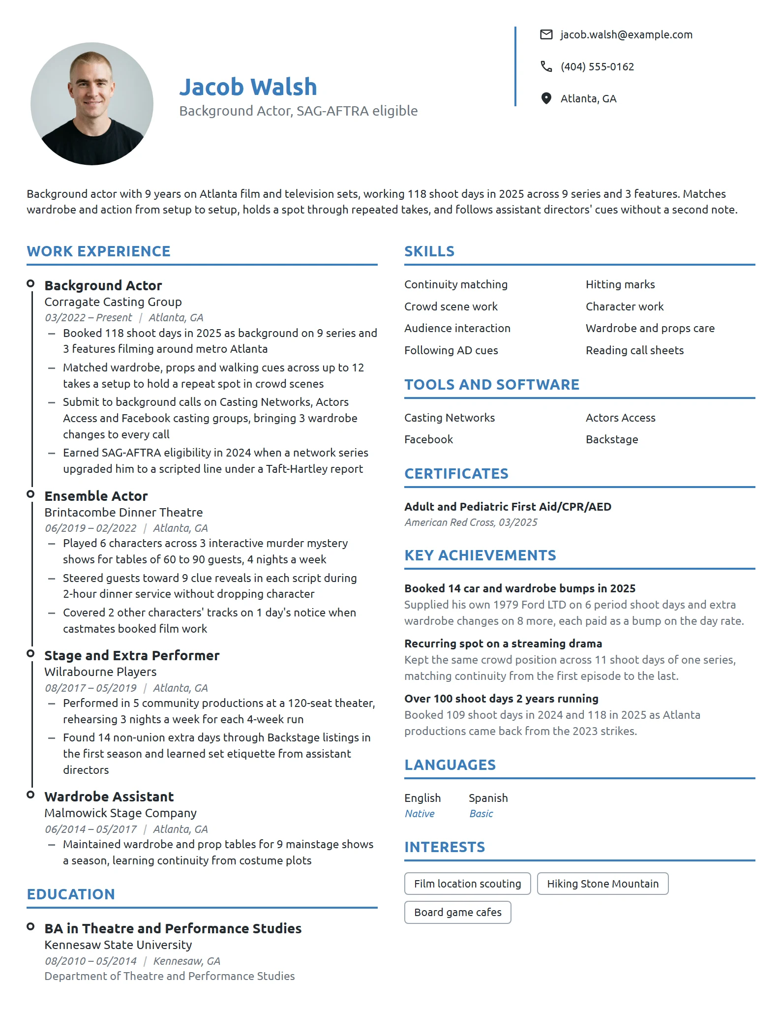 Background Actor resume example