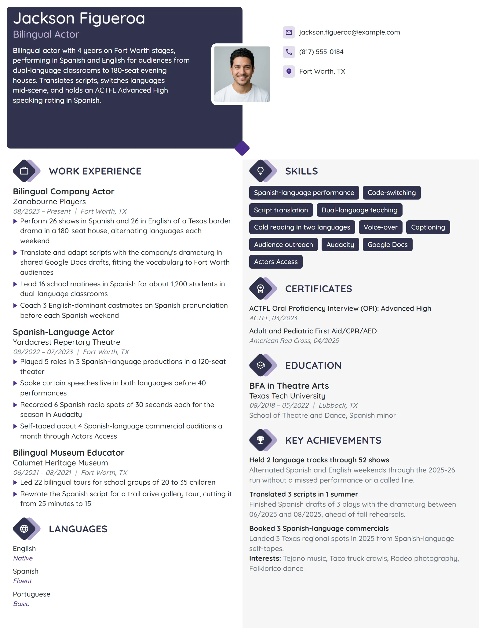 Bilingual Actor resume example