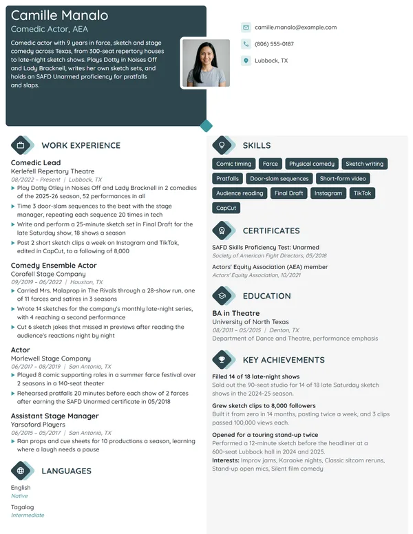 Comedic Actor resume example
