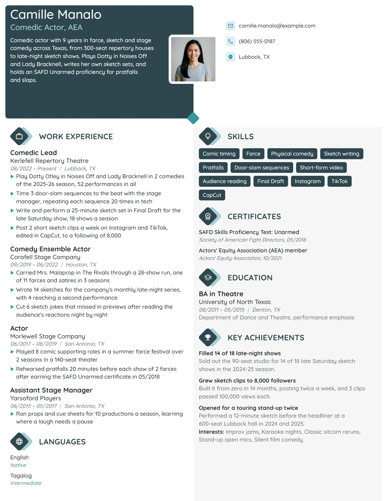 Comedic Actor resume example