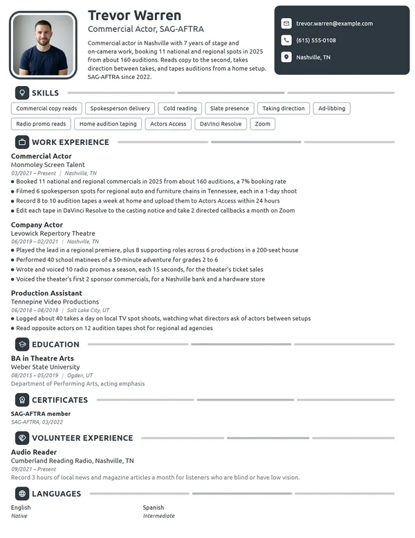 Commercial Actor resume example