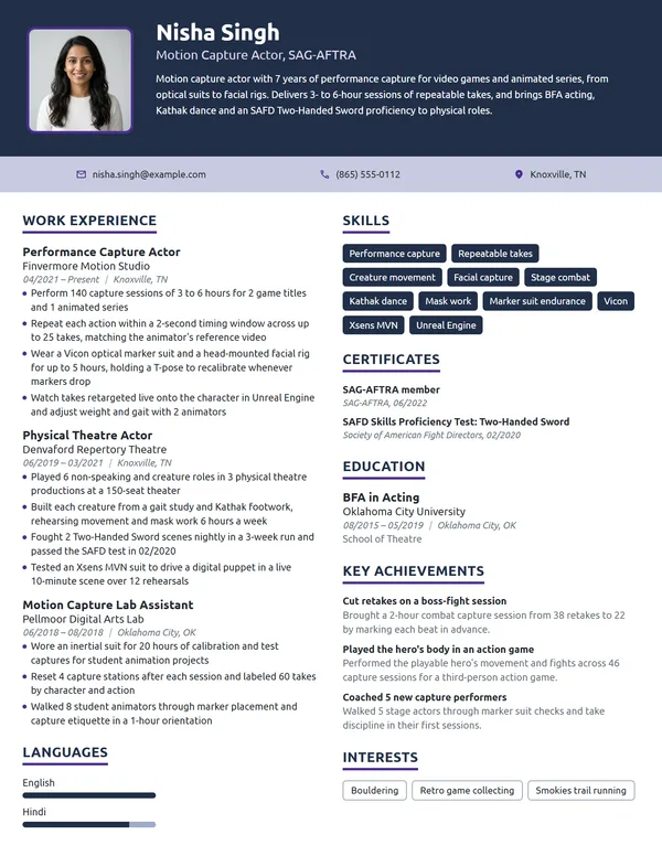 Motion Capture Actor resume example