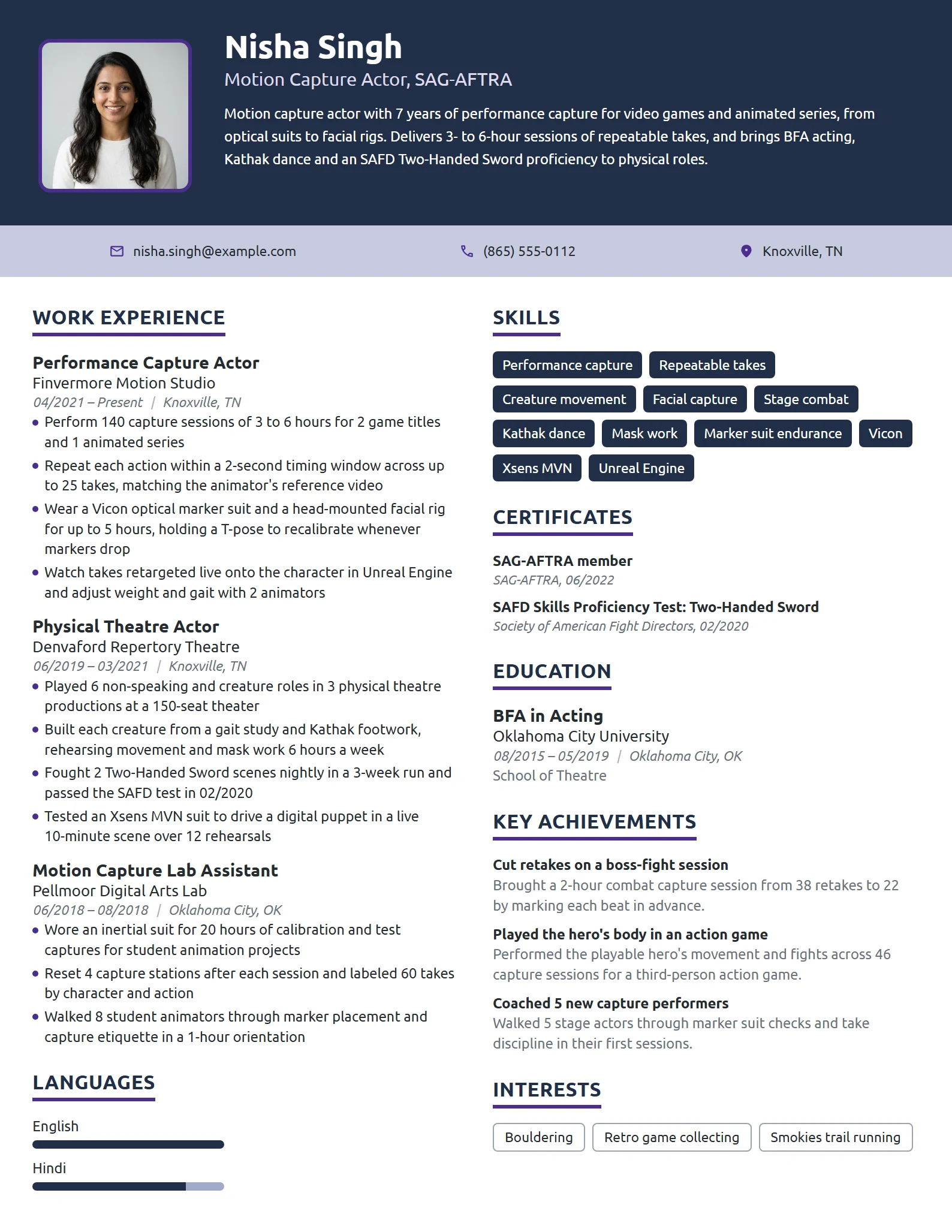 Motion Capture Actor resume example