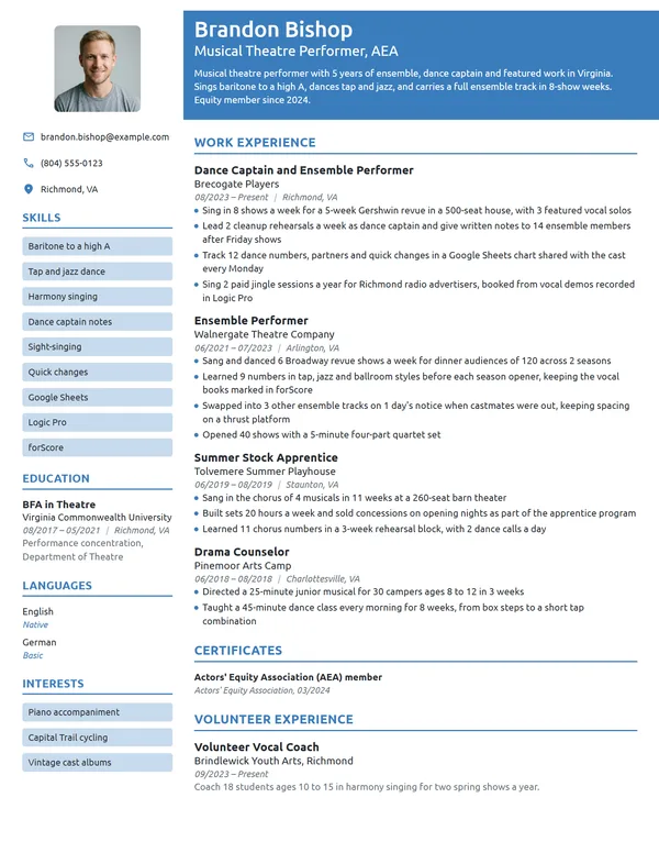 Musical Theatre Performer resume example