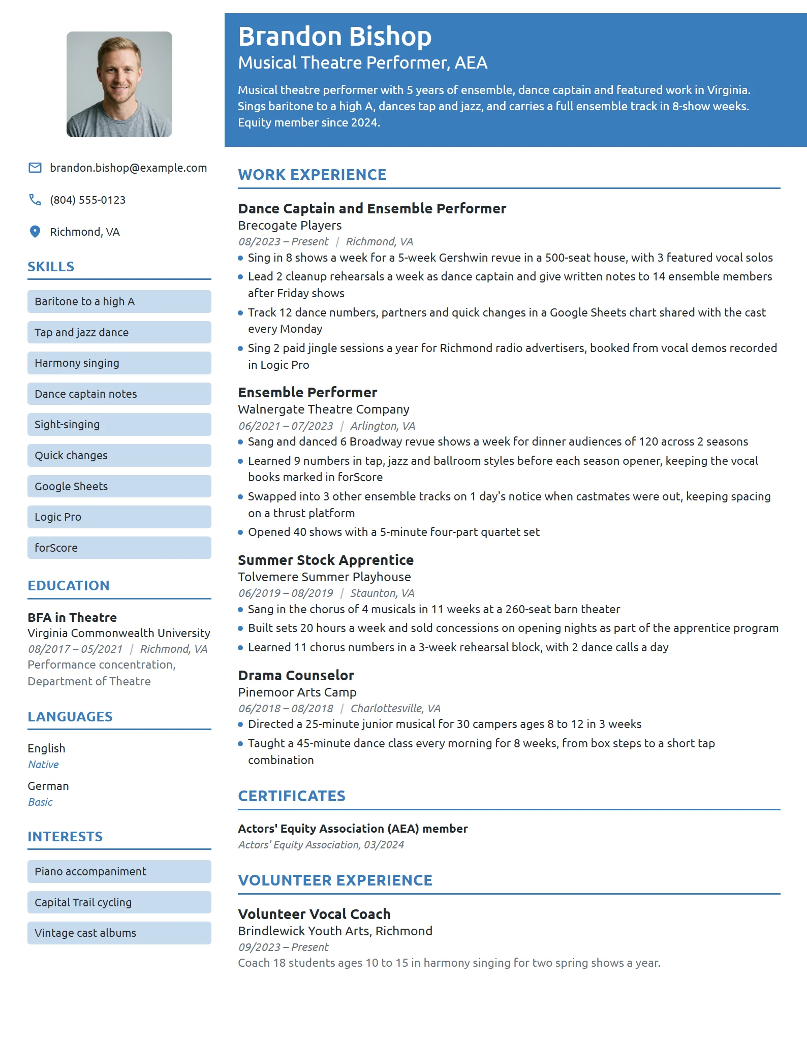 Musical Theatre Performer resume example