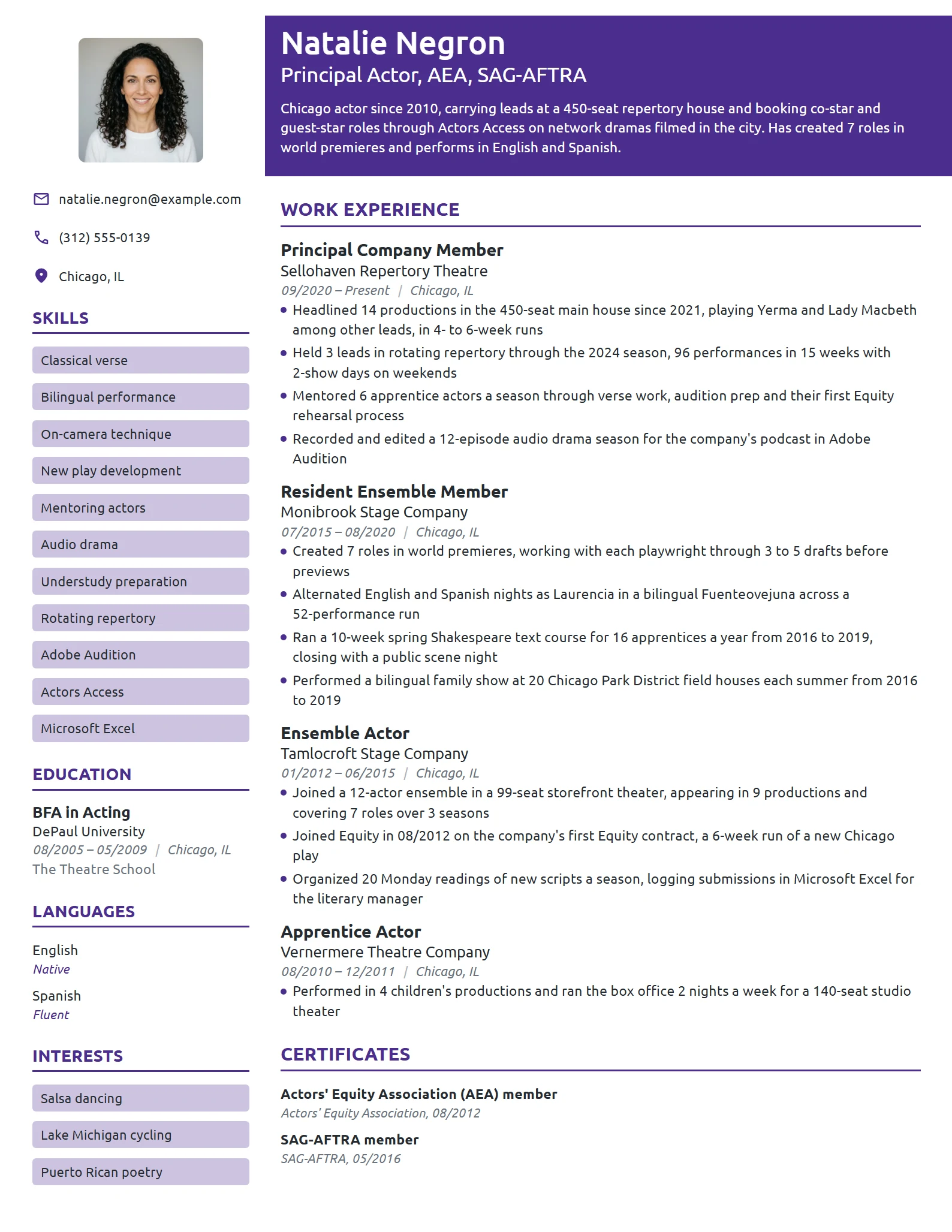 Principal Actor resume example