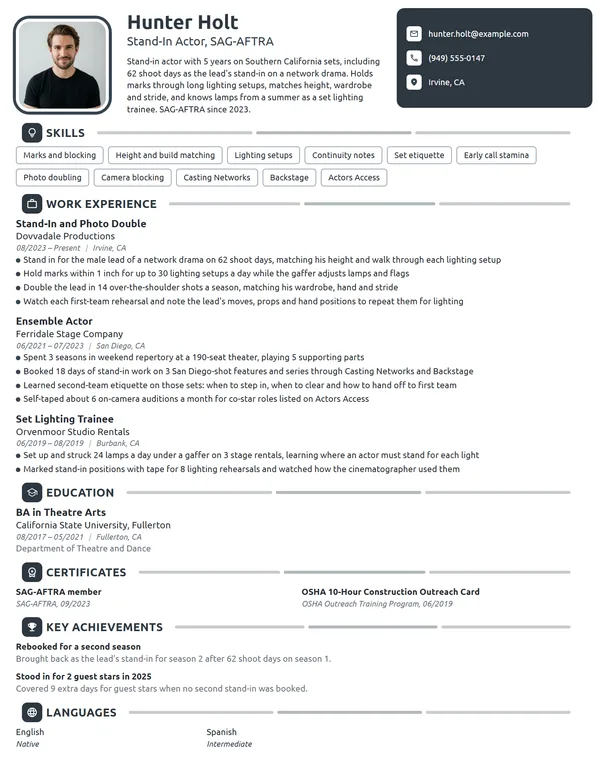 Stand-In Actor resume example
