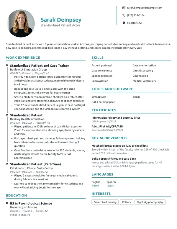 Standardized Patient Actor resume example