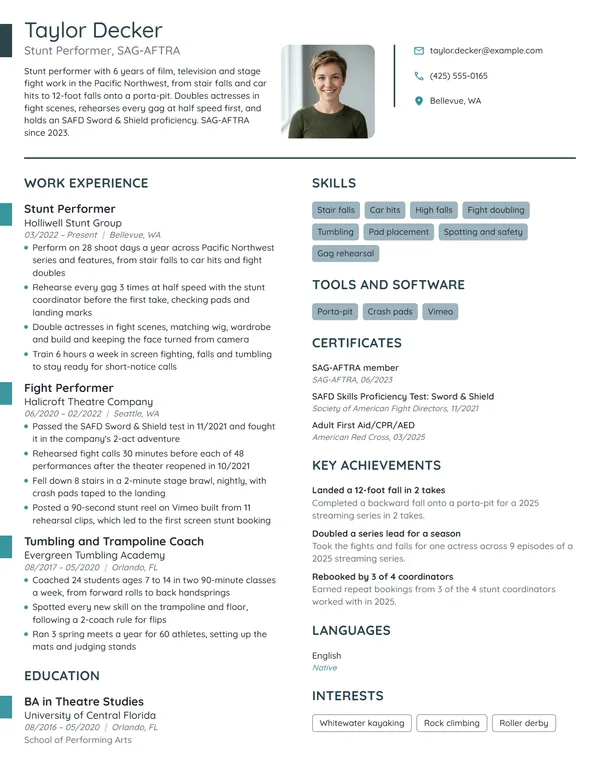 Stunt Performer resume example