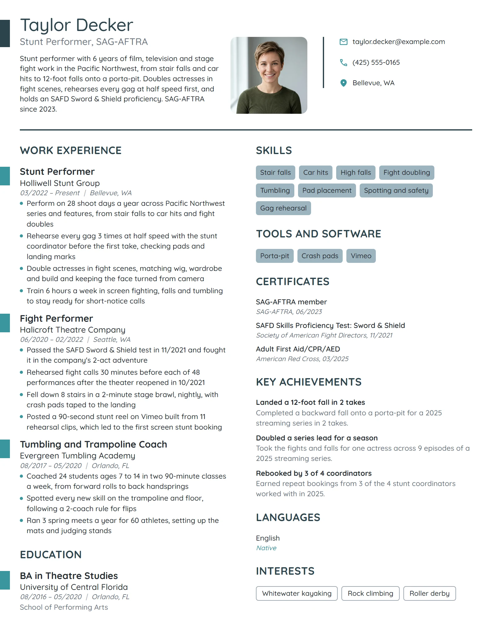 Stunt Performer resume example