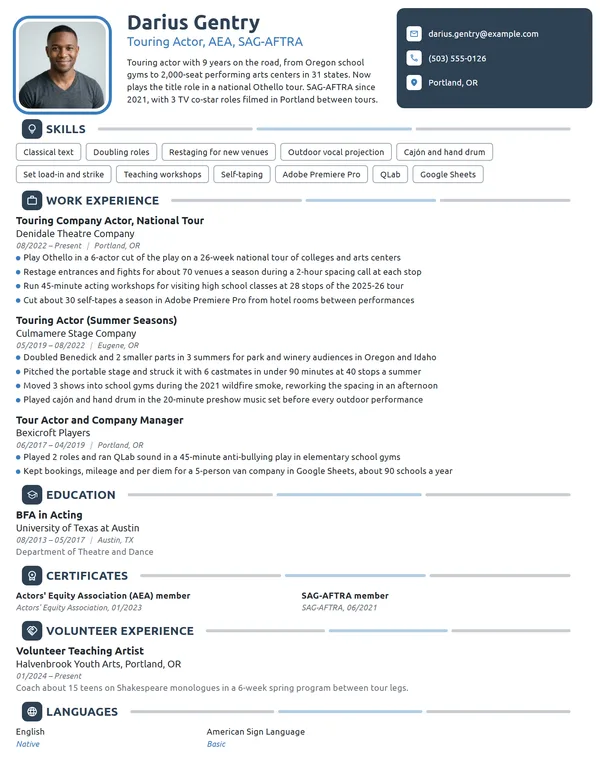 Touring Actor resume example