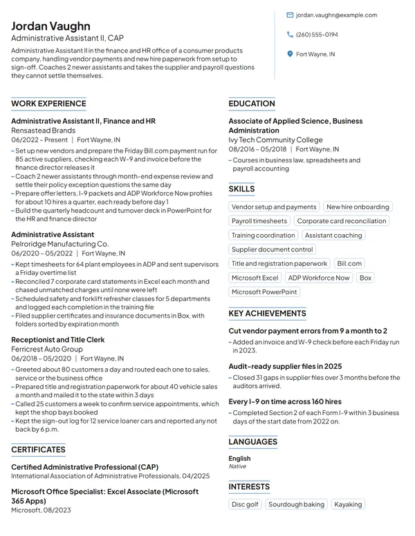 Administrative Assistant II resume example