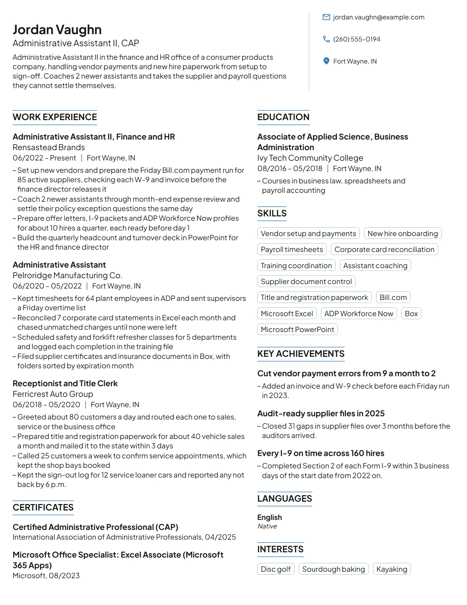 Administrative Assistant II resume example