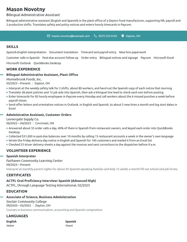 Bilingual Administrative Assistant resume example