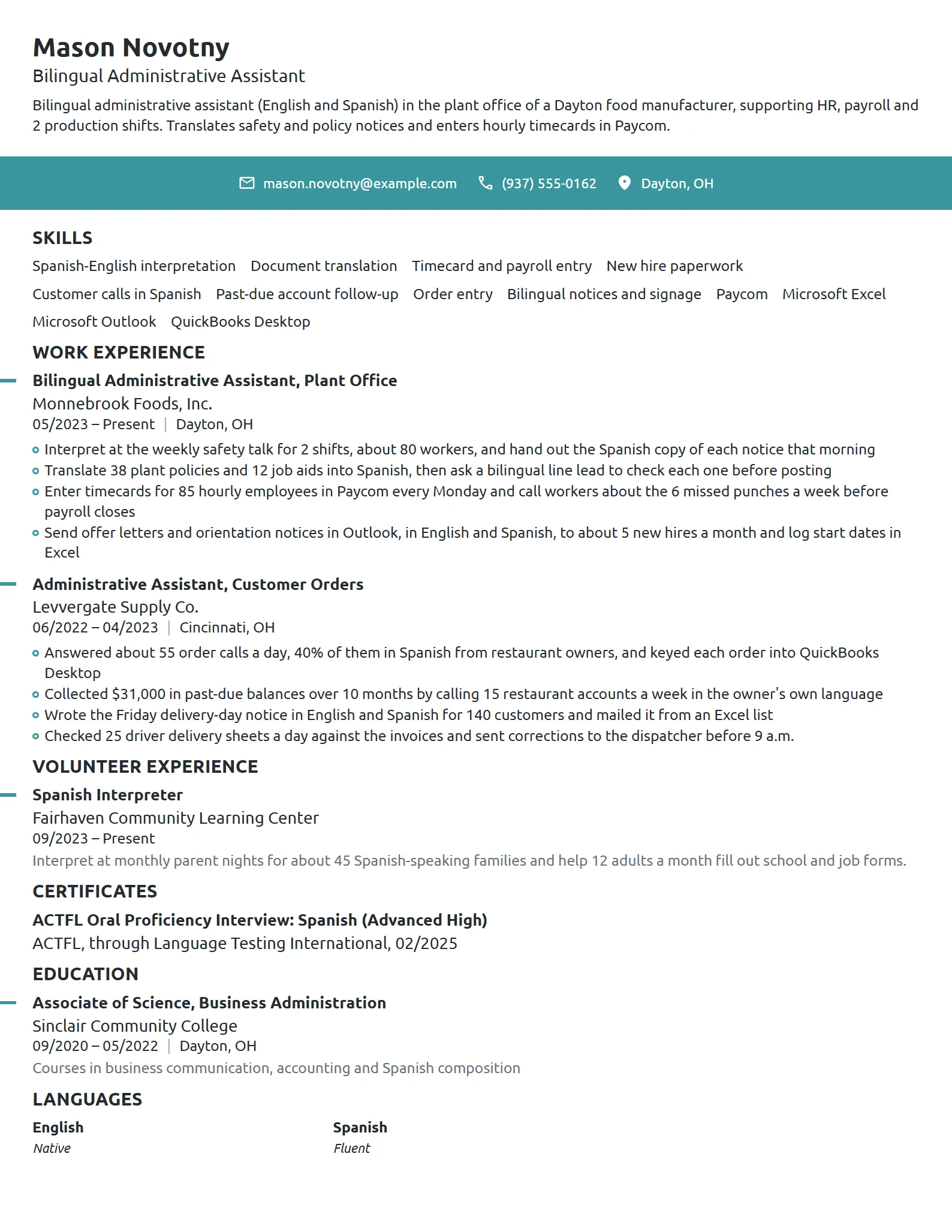 Bilingual Administrative Assistant resume example