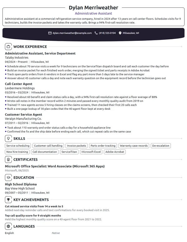 Career Change Administrative Assistant resume example