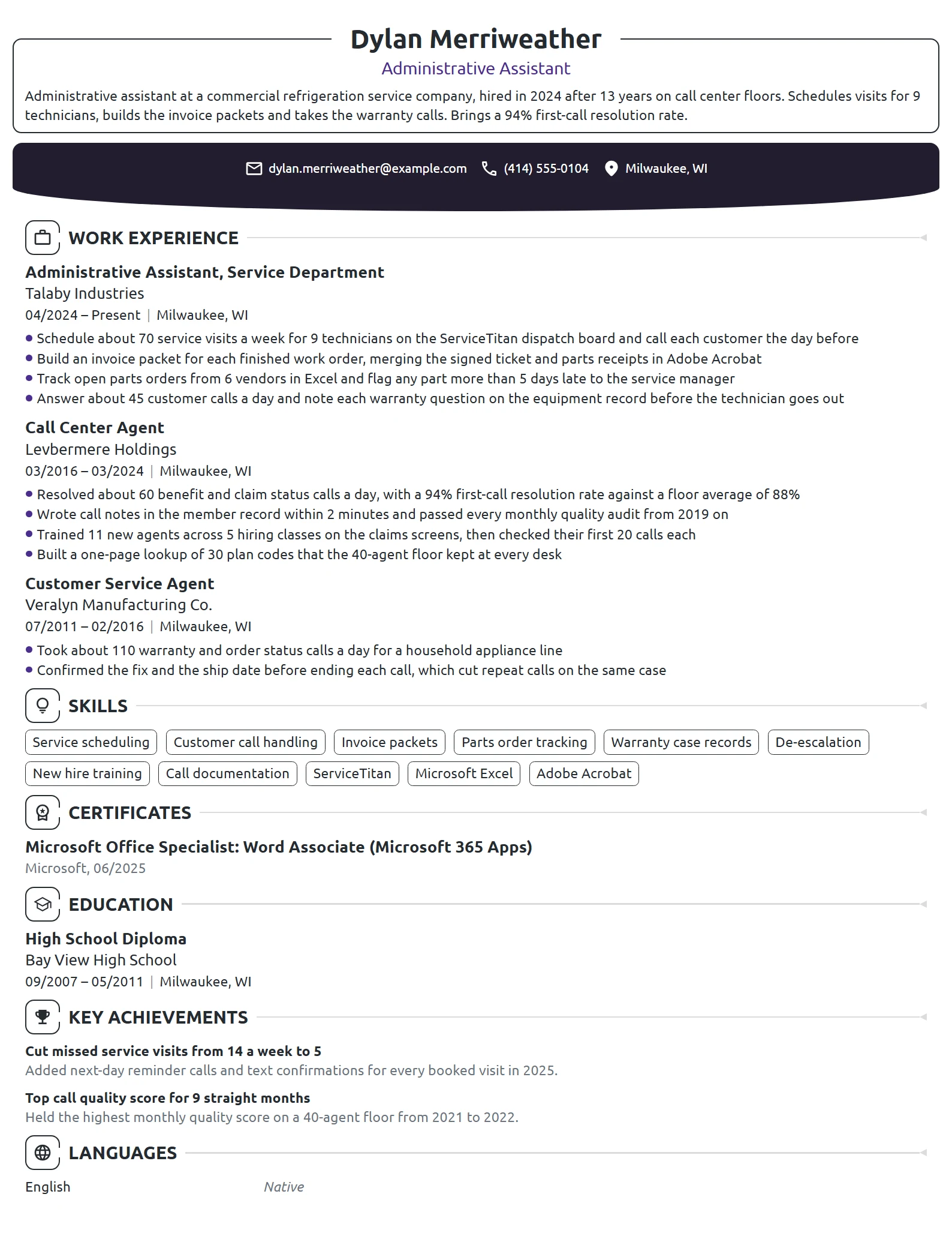 Career Change Administrative Assistant resume example