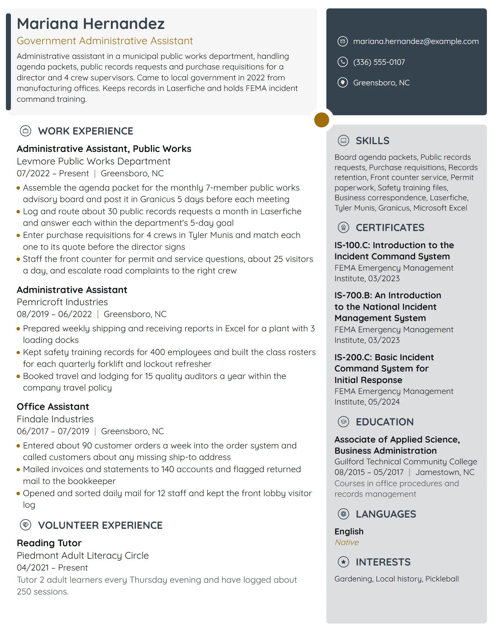 Government Administrative Assistant resume example