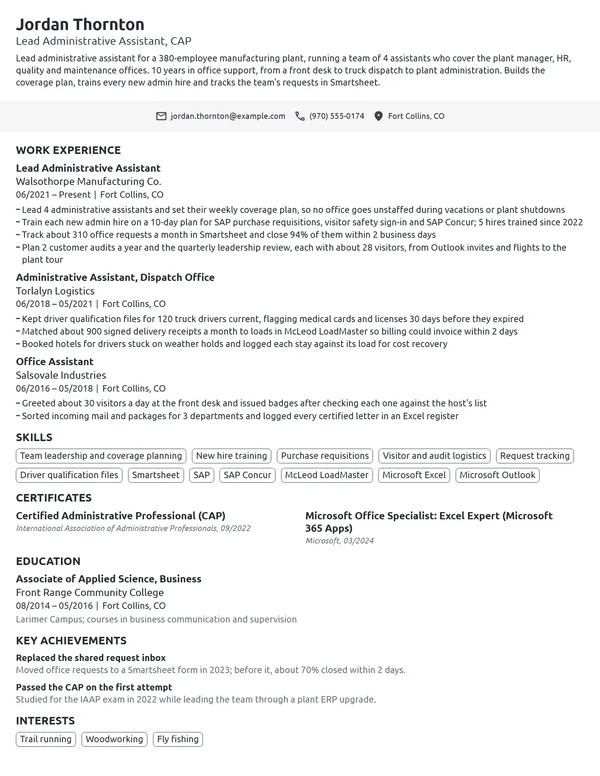 Lead Administrative Assistant resume example