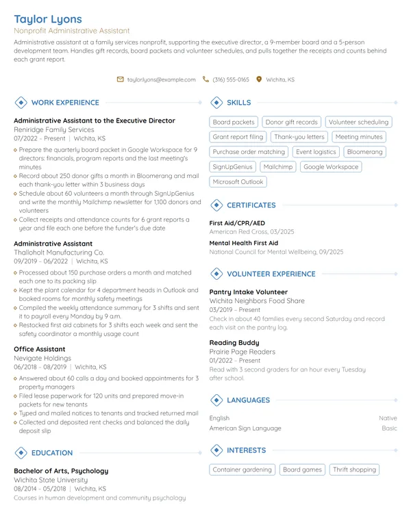 Nonprofit Administrative Assistant resume example