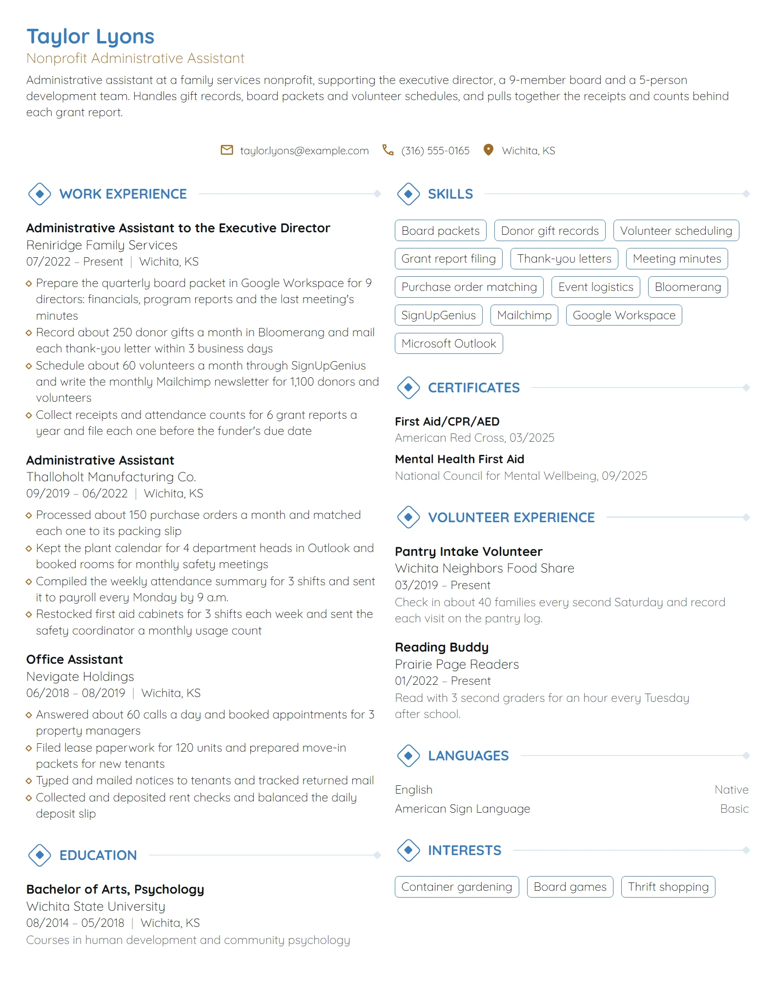 Nonprofit Administrative Assistant resume example