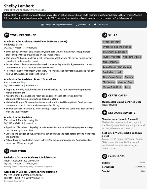 Part-Time Administrative Assistant resume example