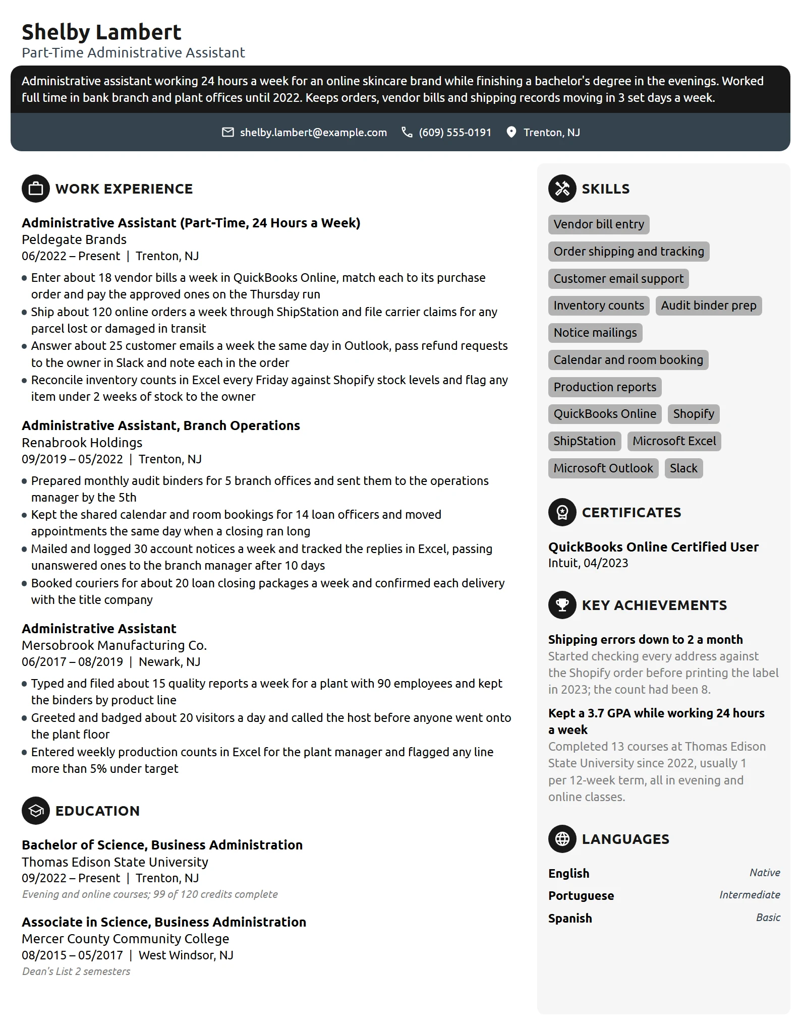 Part-Time Administrative Assistant resume example