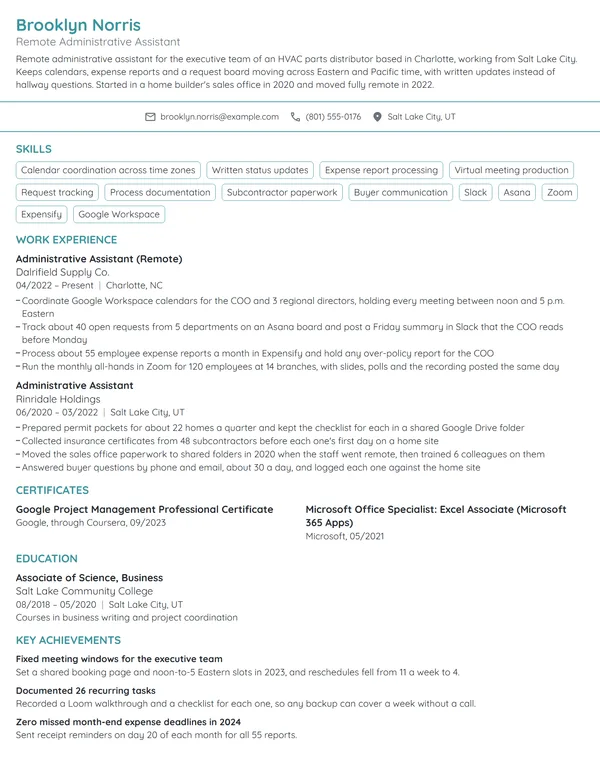 Remote Administrative Assistant resume example