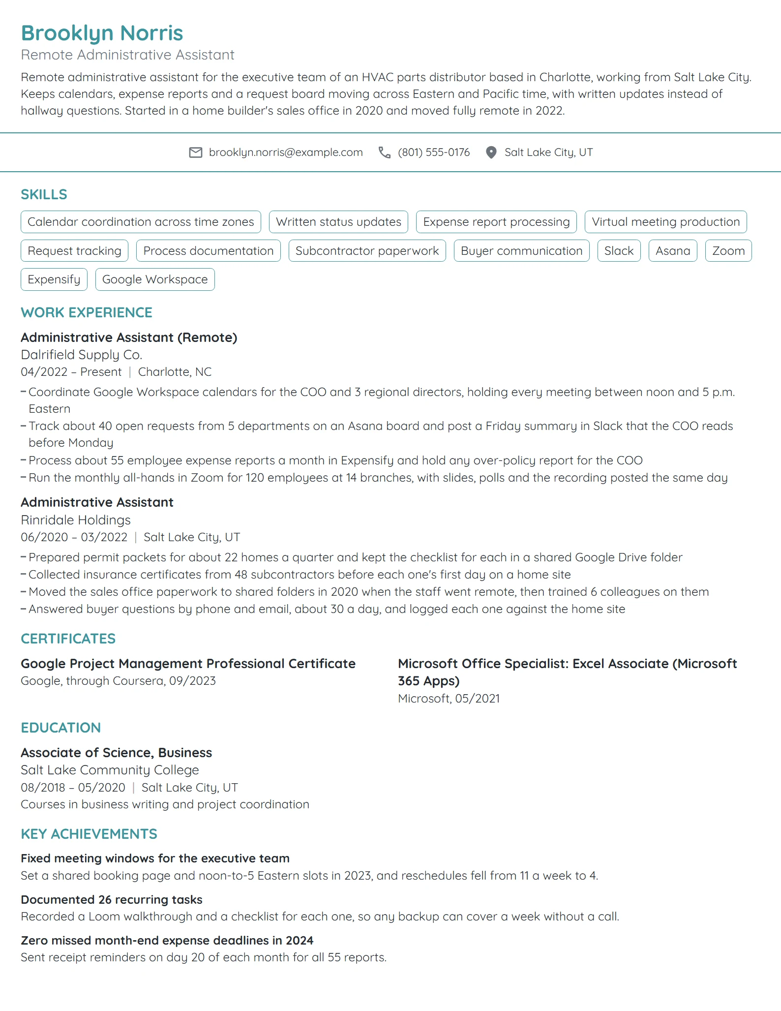 Remote Administrative Assistant resume example