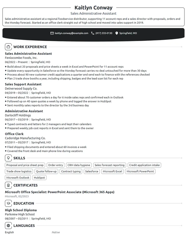Sales Administrative Assistant resume example