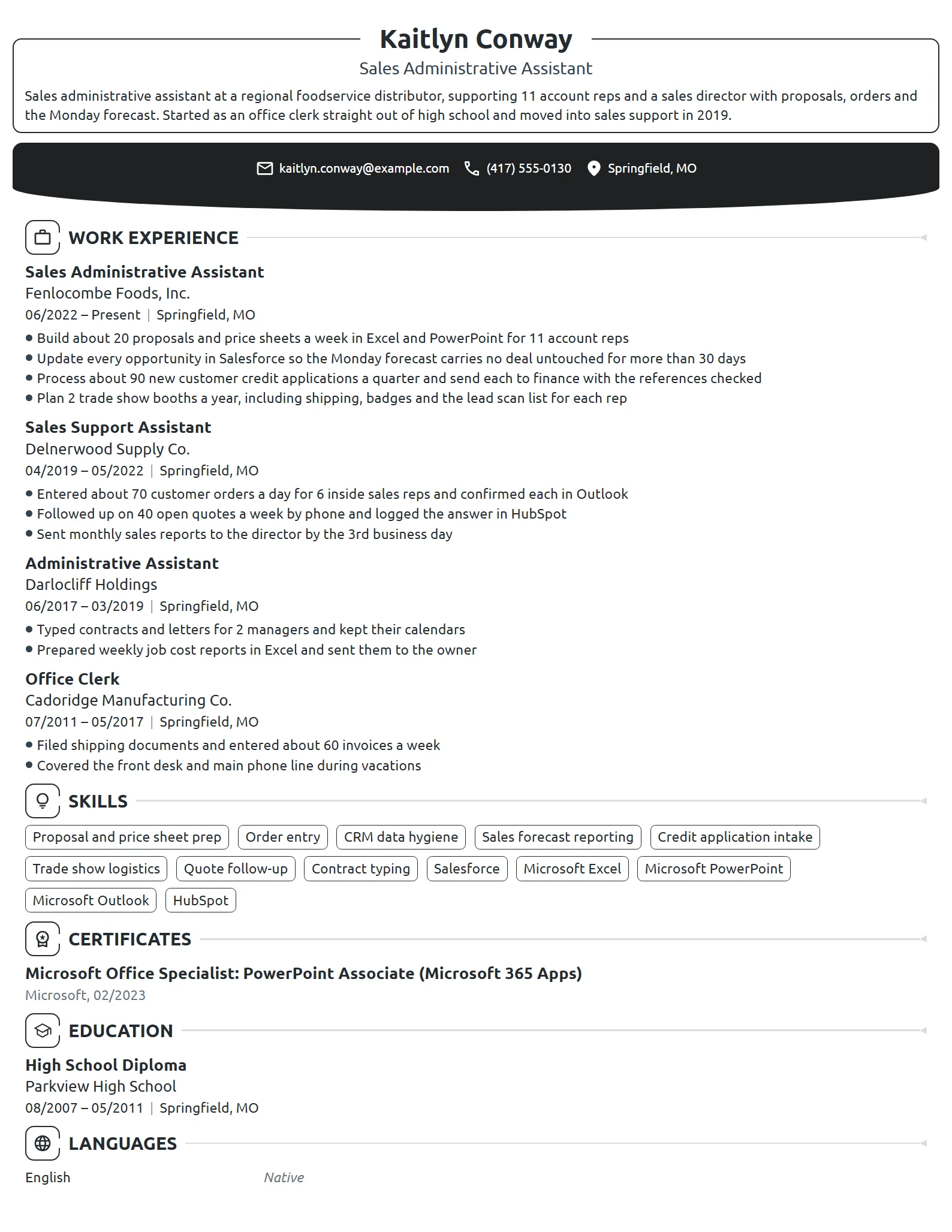 Sales Administrative Assistant resume example