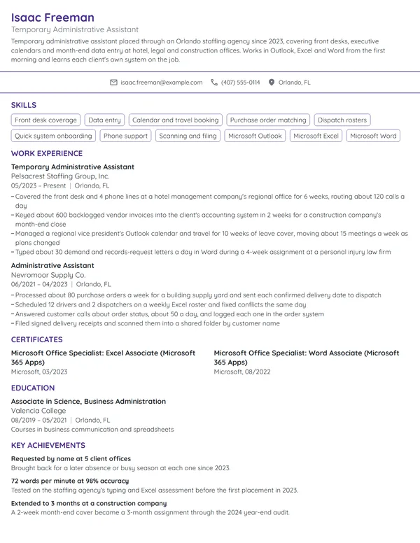 Temporary Administrative Assistant resume example
