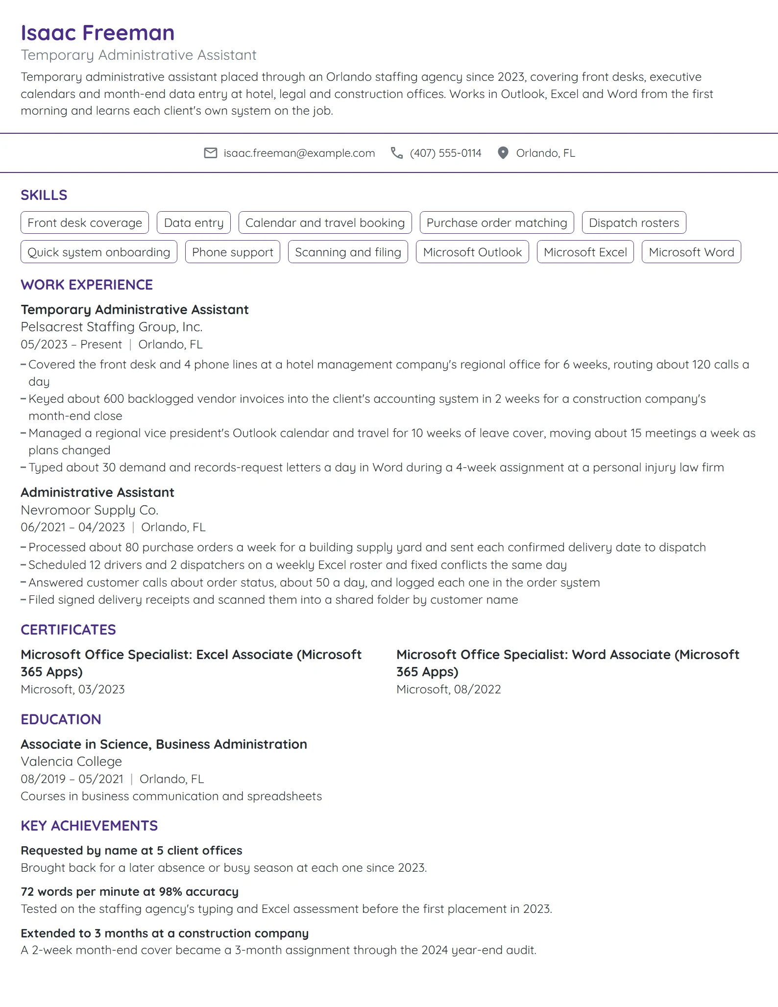 Temporary Administrative Assistant resume example