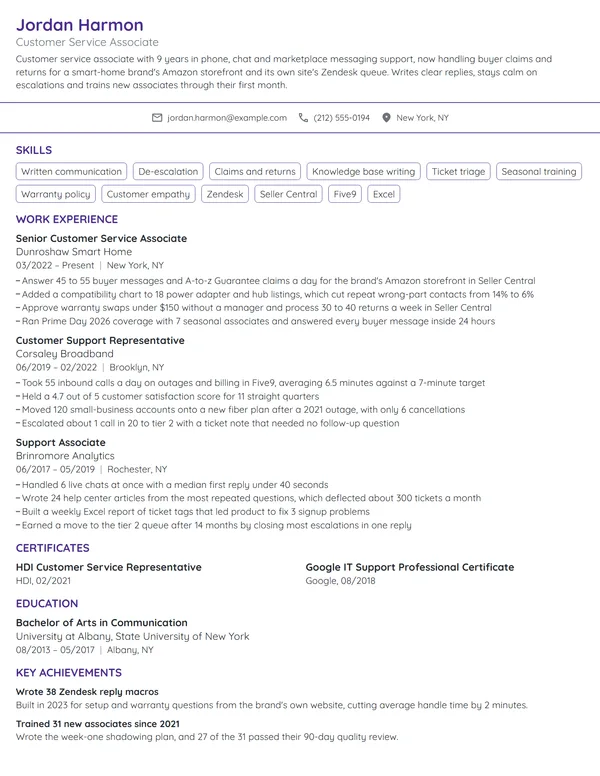 Amazon Customer Service Associate resume example