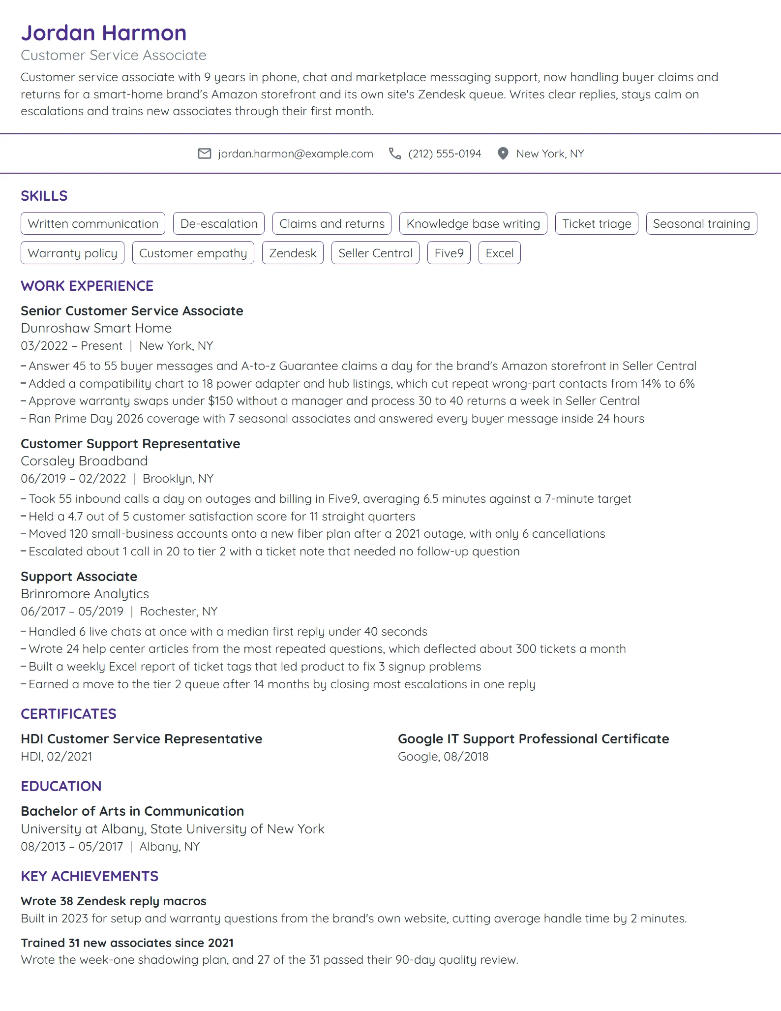 Amazon Customer Service Associate resume example