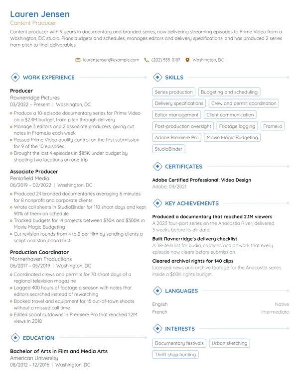 Amazon Prime Video Content Producer resume example