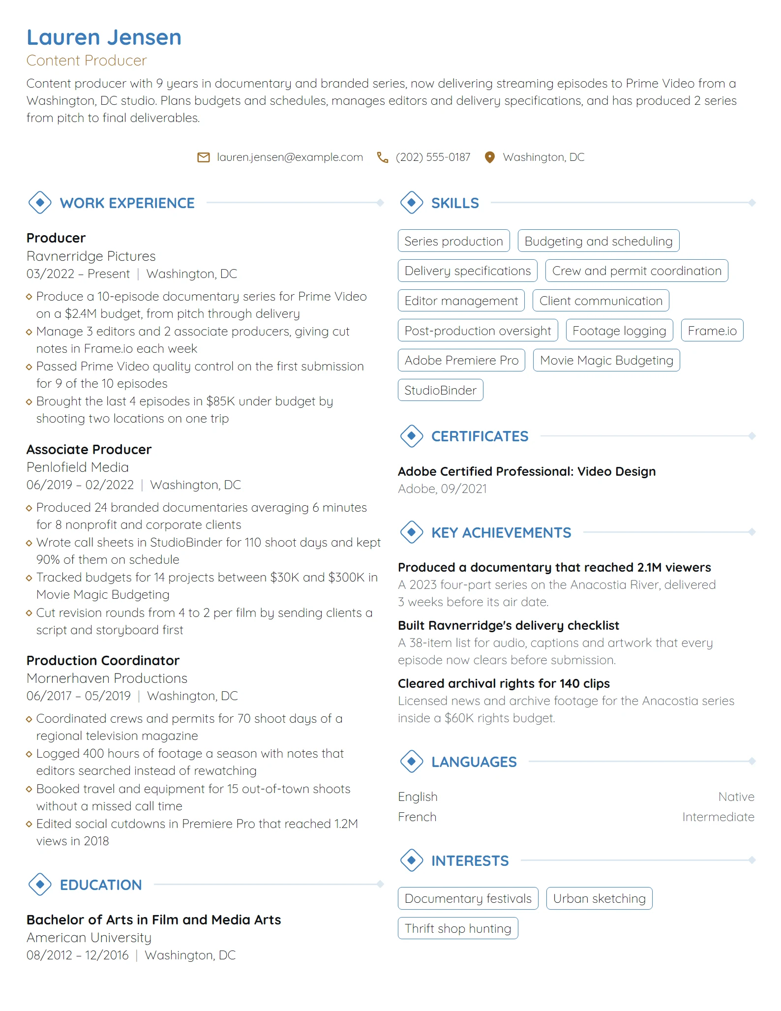Amazon Prime Video Content Producer resume example
