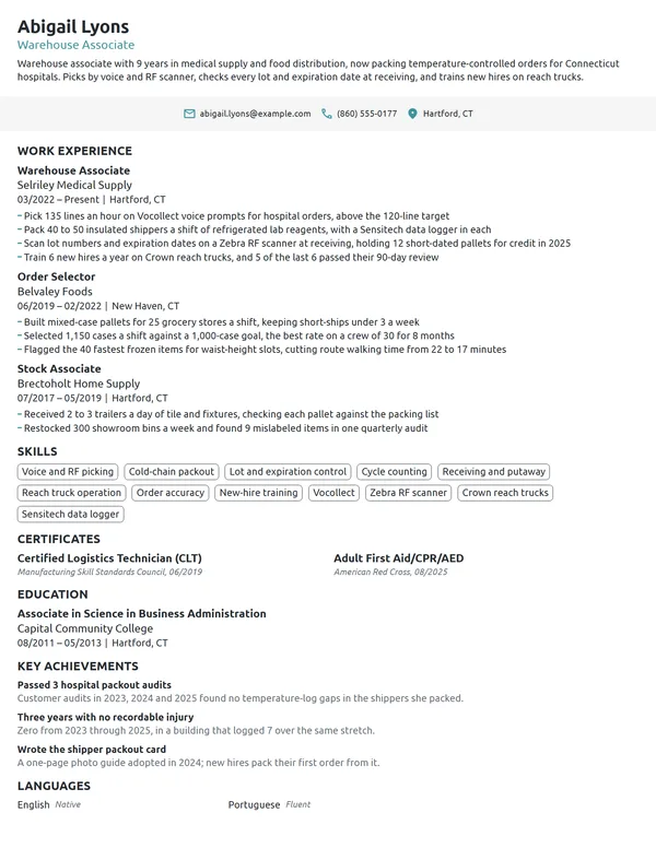Amazon Warehouse Associate resume example